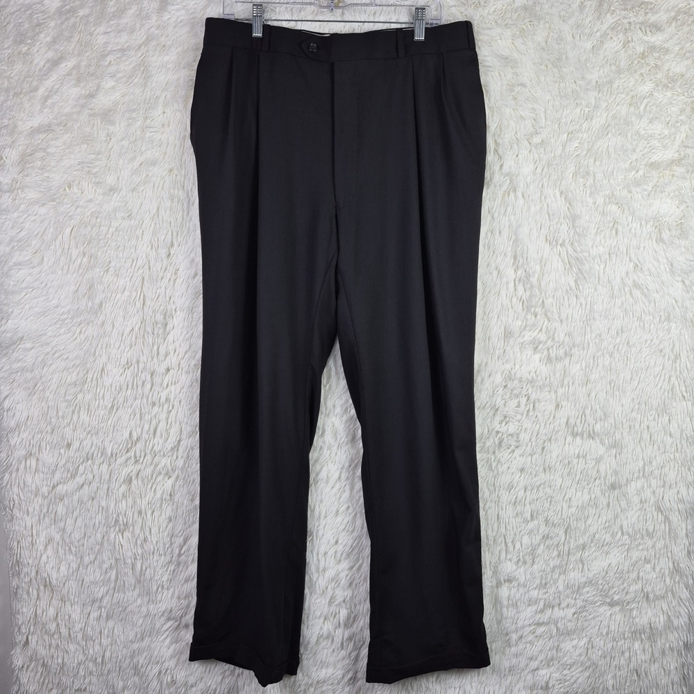 Joseph & Feiss Mens Black 100% Worsted Wool Pleated Cuffed Dress Pants 36x30